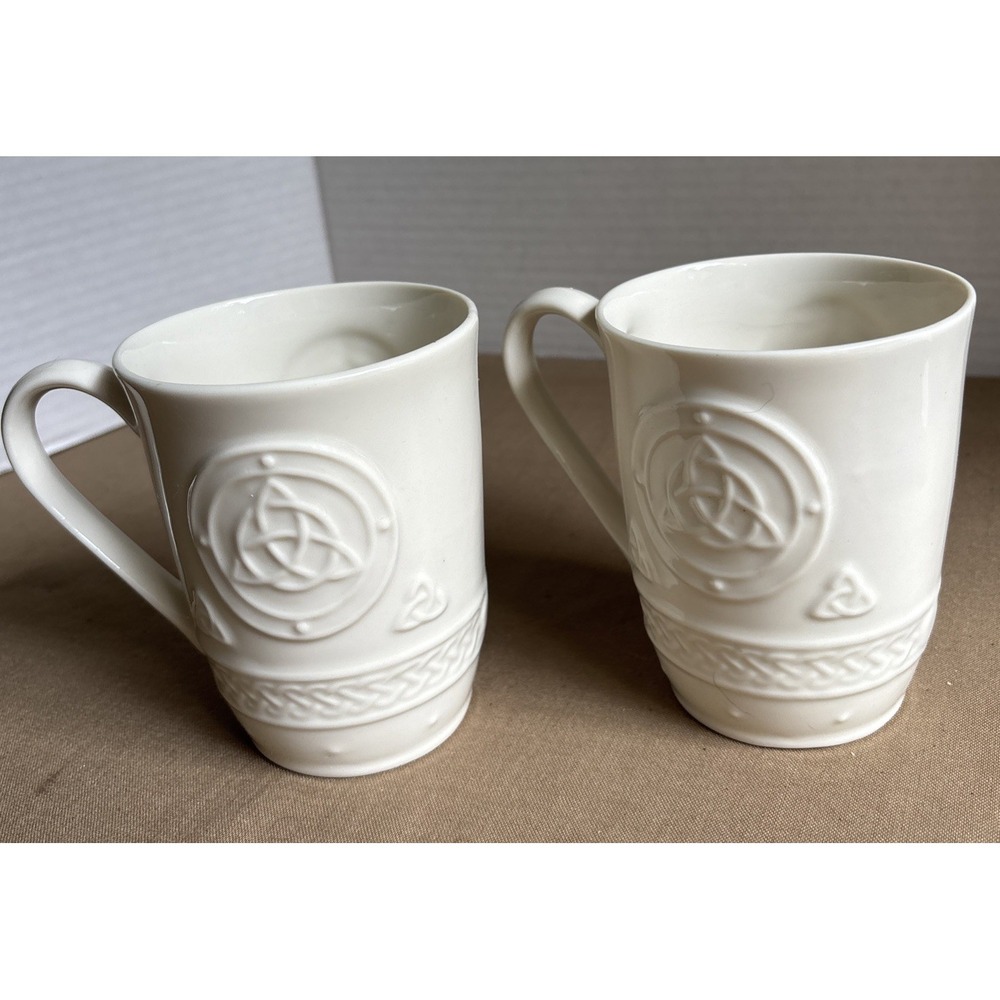Belleek Ireland 2 Mugs Irish Coffee Cups Porcelain Celtic Irish Knot Ivory Color